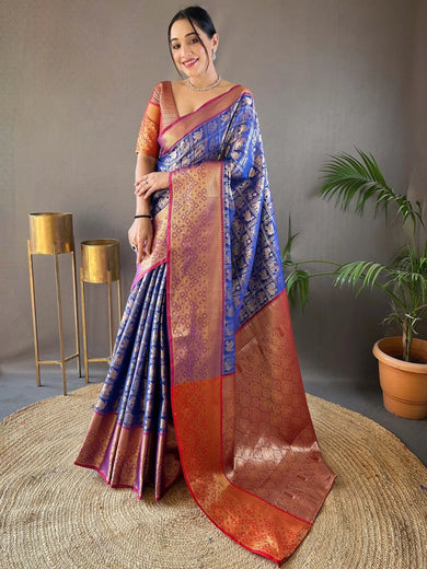 Charming Blue Zari Weaving Silk Wedding Wear Saree With Blouse